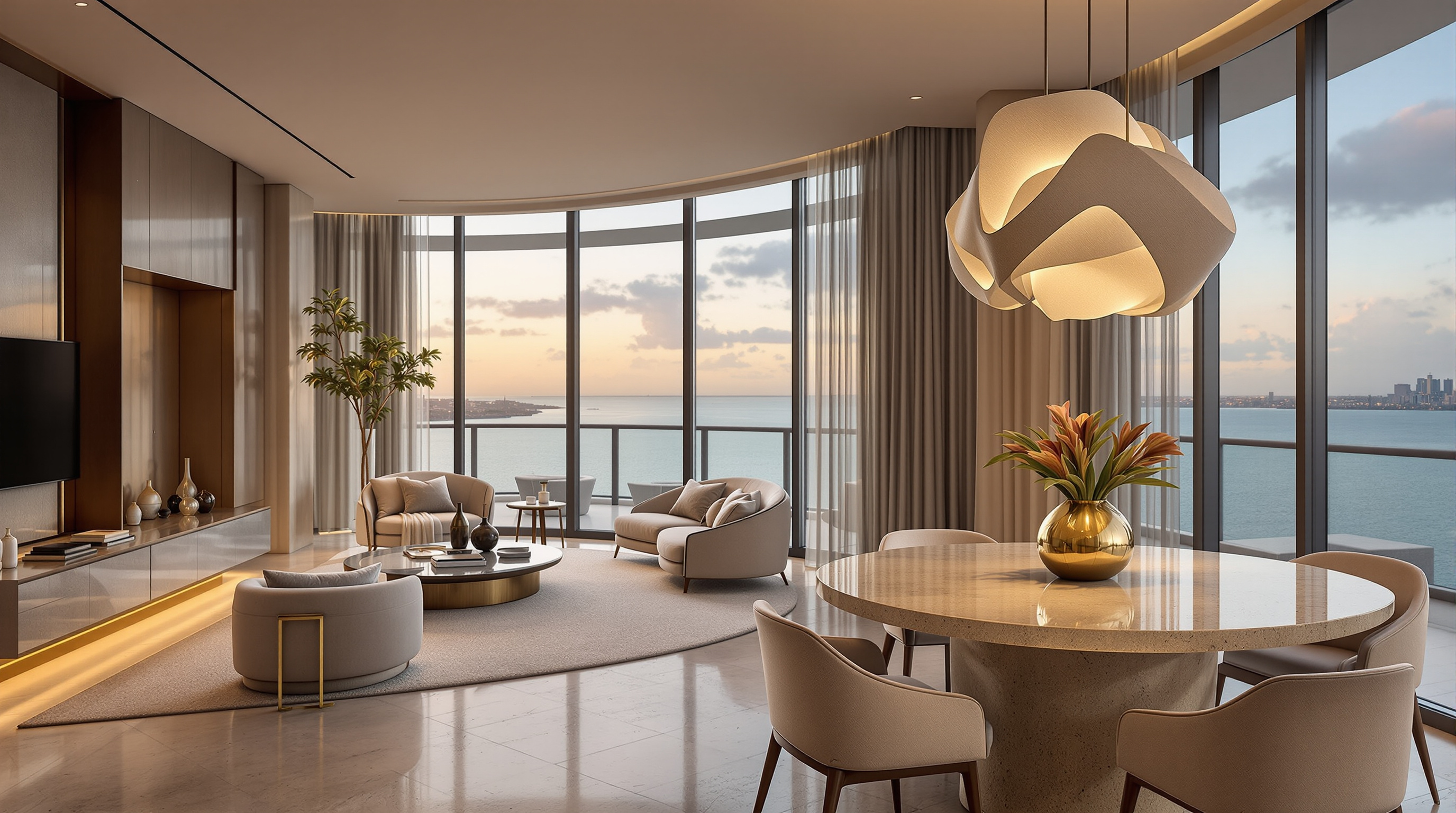 Staged luxury Miami condominium model unit with bay view, stone dining table and warm neutral furniture