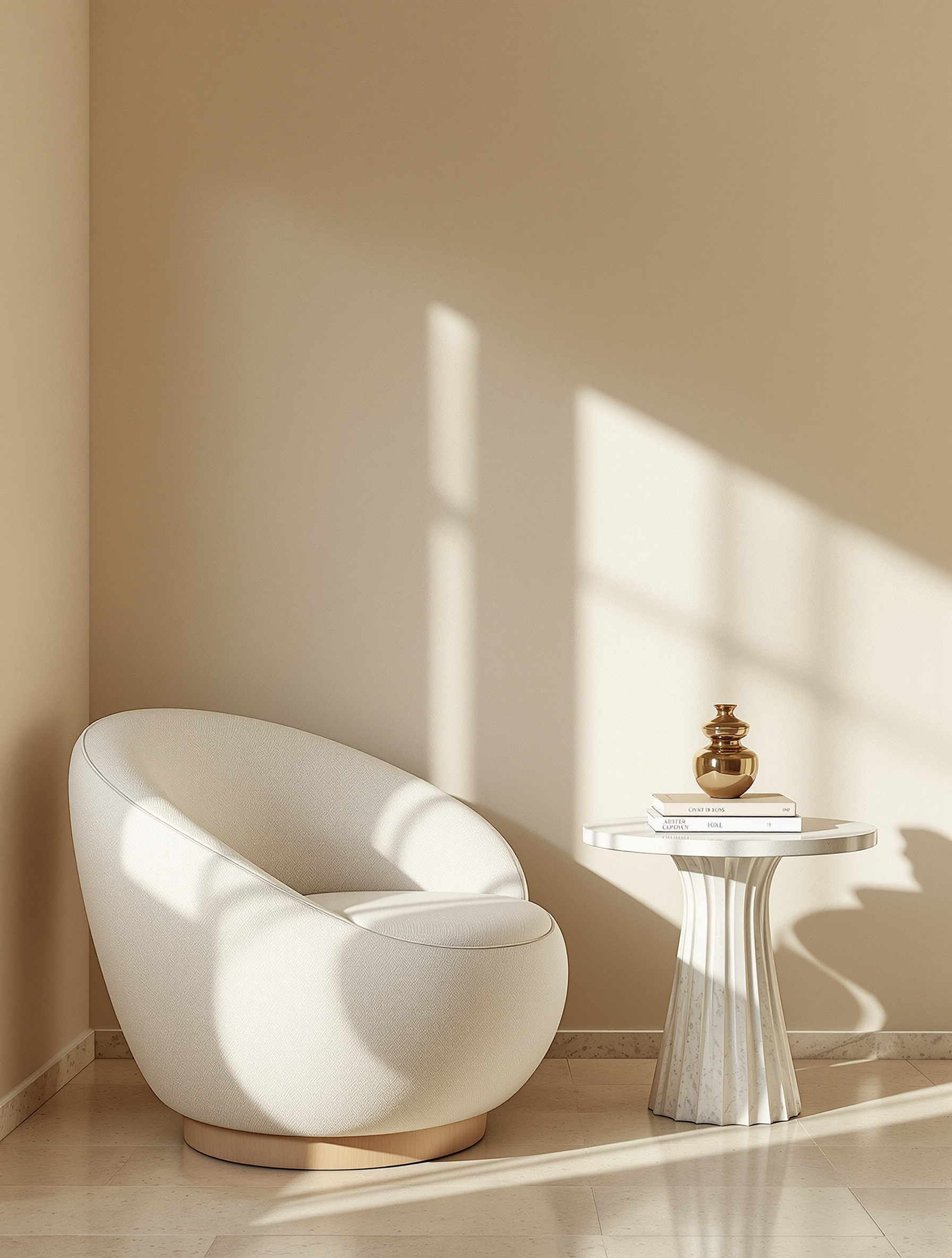 Sculptural ivory armchair and travertine side table styled in a warm neutral Miami interior