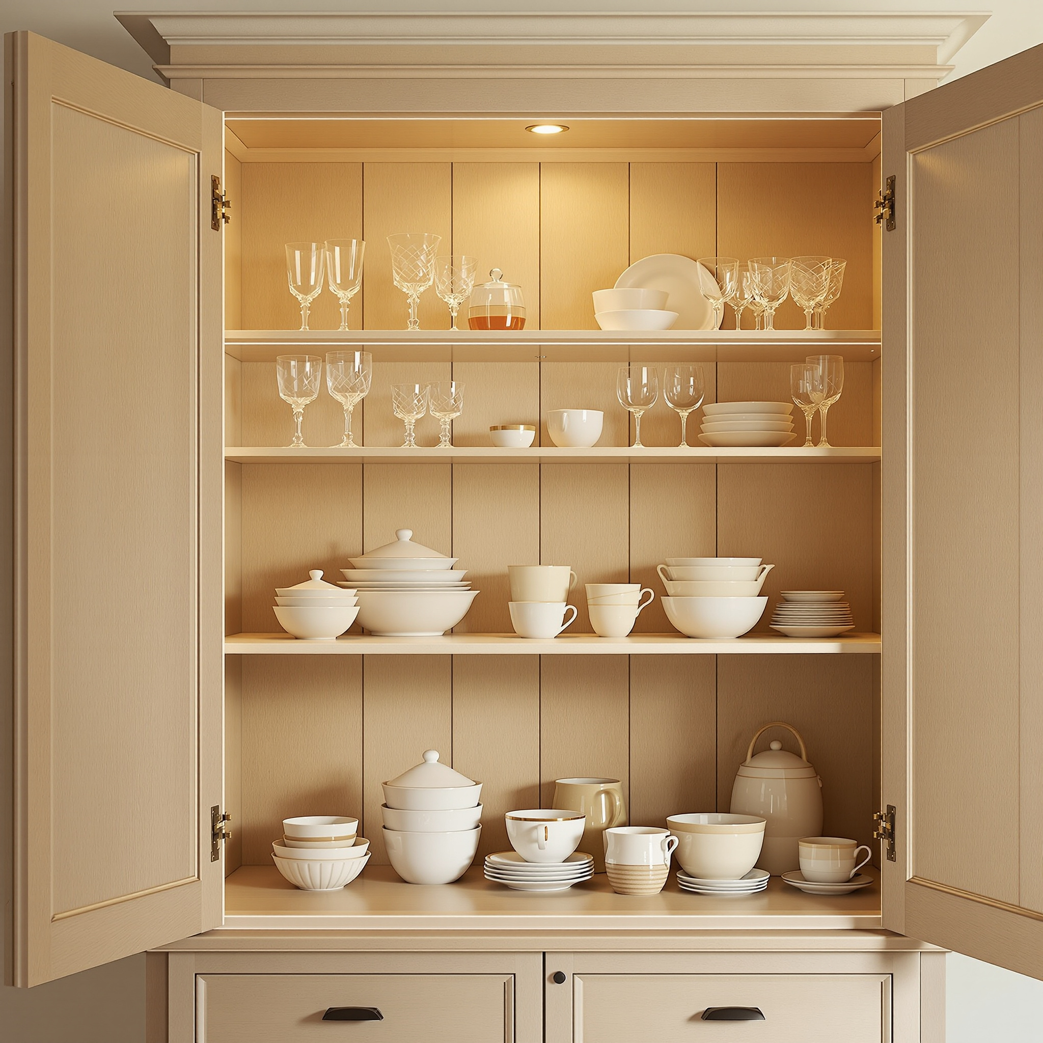 Styled oak cabinet with crystal glassware and ceramic tableware in a turnkey furnished residence