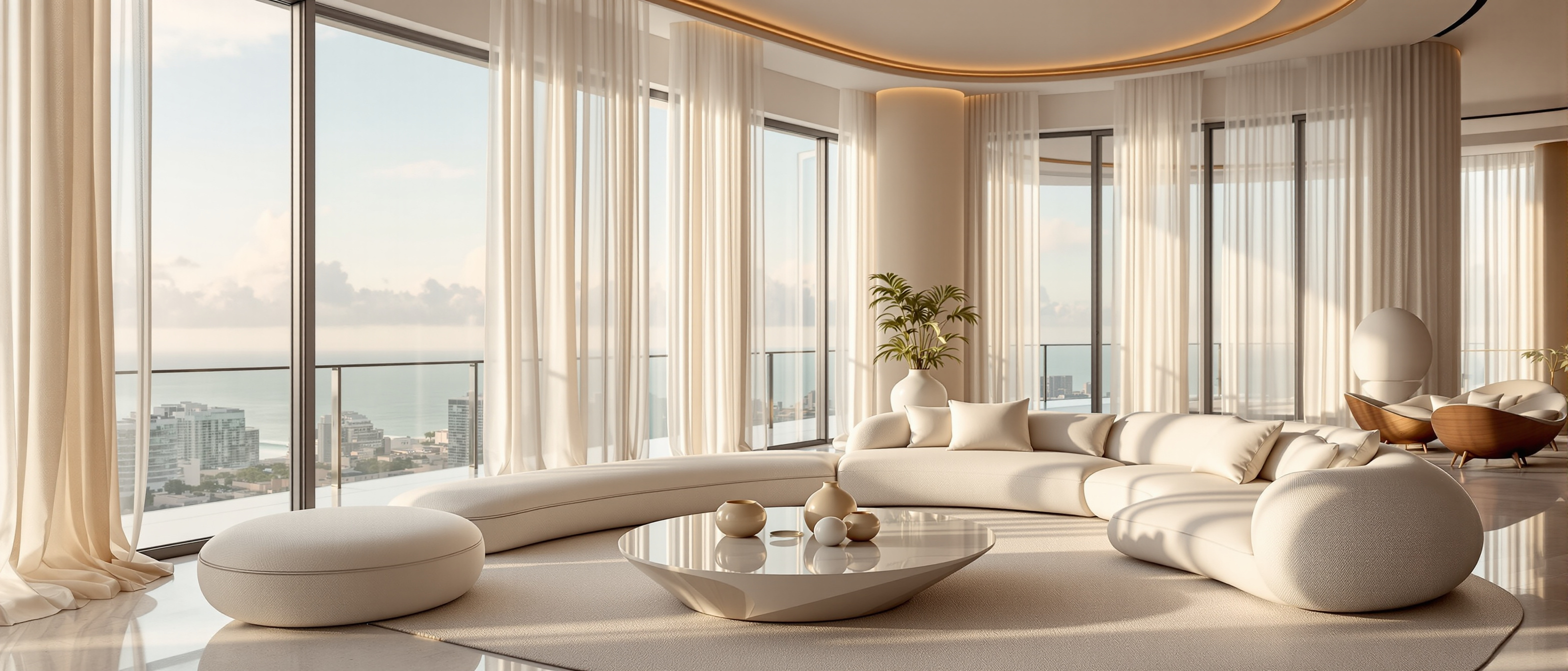 Luxury Miami penthouse living room with floor to ceiling windows, sculptural furniture and warm neutral interior design