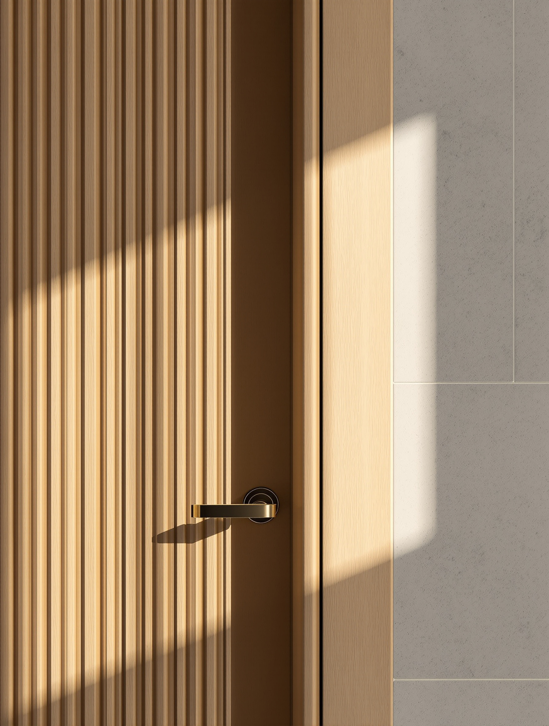 Custom fluted white oak millwork and limestone detail by the Matho Design studio