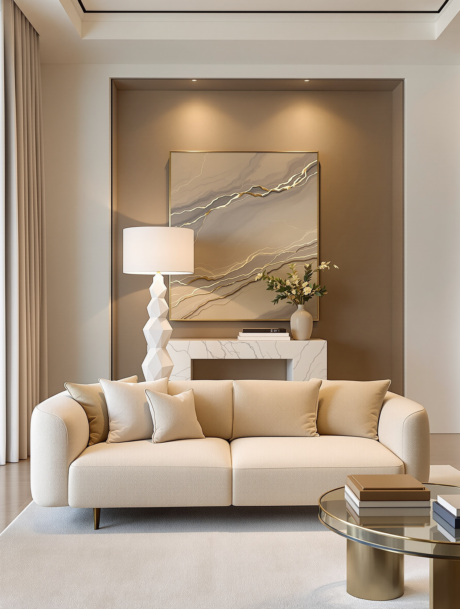 Matho Home luxury furniture showroom vignette in Miami with modern sofa, marble console and sculptural lamp