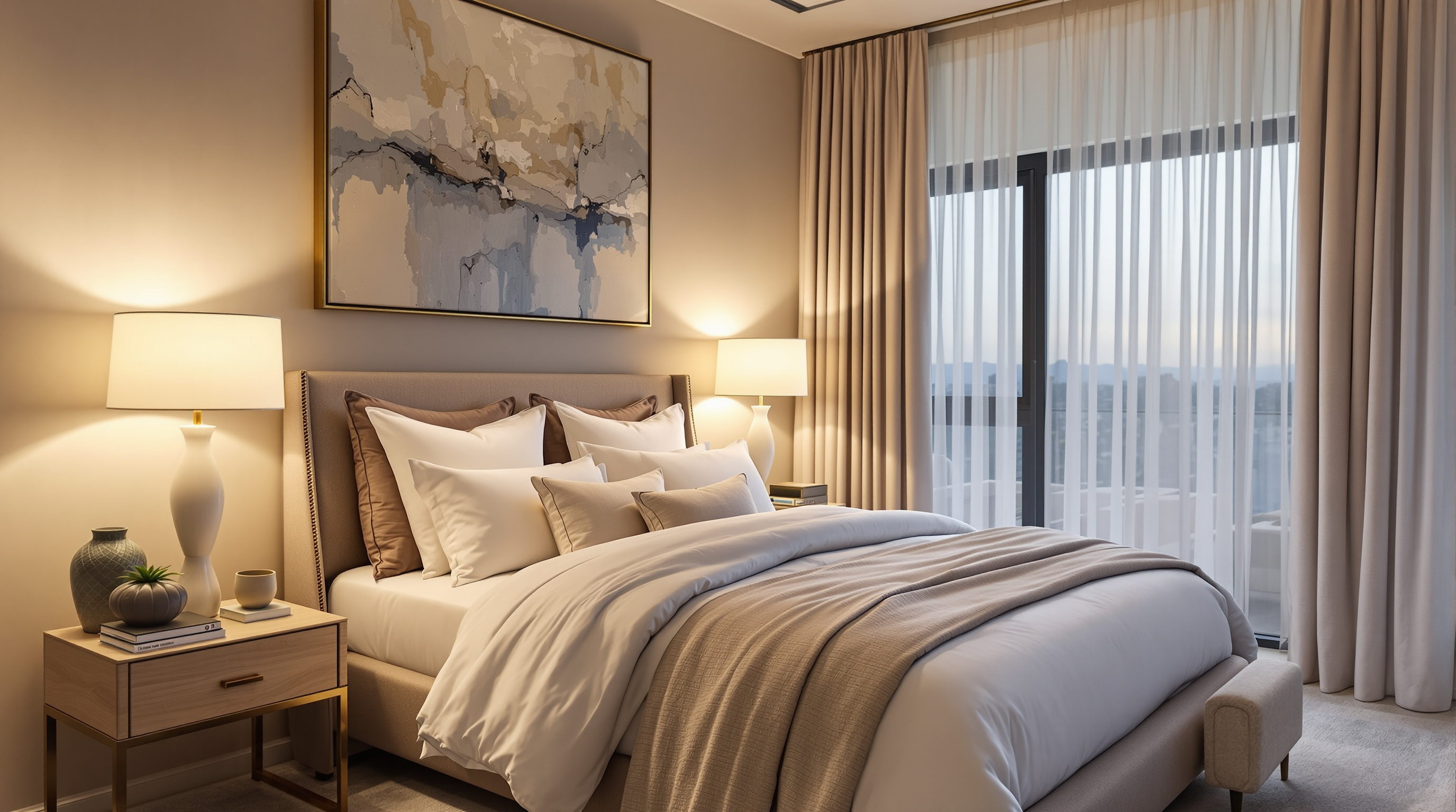 Fully styled turnkey luxury bedroom in Miami with layered linen bedding and warm evening light