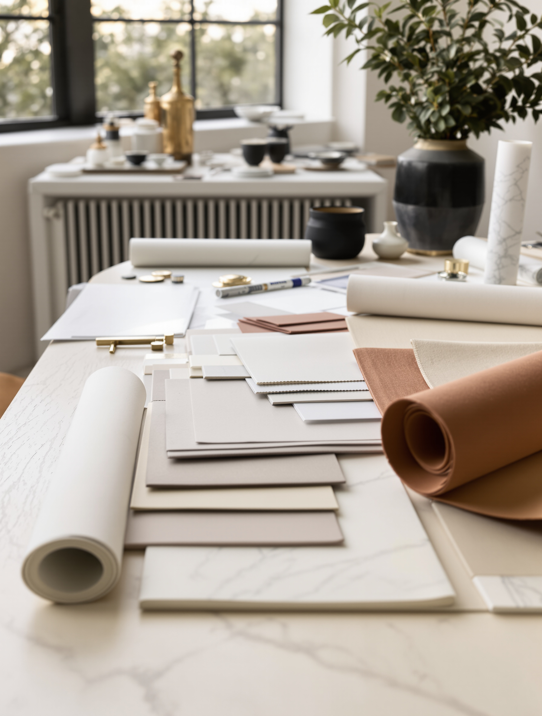 Interior design studio worktable with fabric swatches, stone samples and drawings for a Miami residence